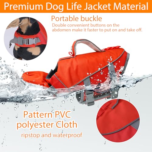 Geyecete Dog Life Vest for Swimming with Handle Dog Life Jacket Adjustable for Swimming, Boating,and Water Safety, High-Buoyancy,Orange with Red-M - size: Medium