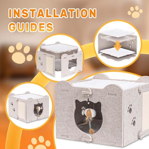 Yesday Detachable Felt Cat Bed Condo Shelter House for Indoor Use, Durable and Warm Flannel, Cozy Shelter with Built-in Scratching Board and Bonus Cat Toys (Camel) - color: Camel