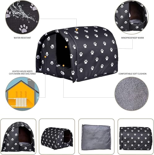 Cat House for Outdoor Cats in Winter, Feral Cat Shelter, Cat House Thickened Weatherproof Foldable, Stray Cats Shelter Rainproof and Sunscreen Oxford (Black, L)