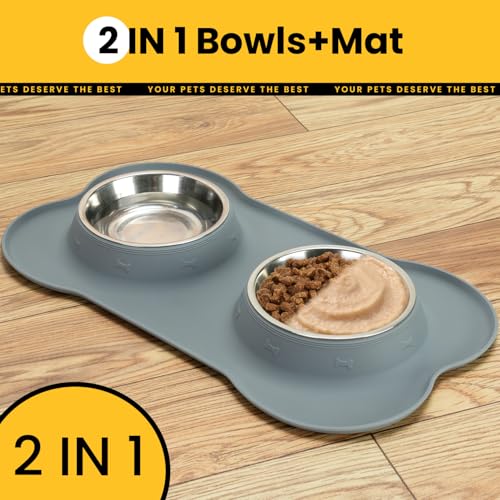 Conlun Medium Pet Feeding Station, 29oz Stainless Steel Dog Bowls Set, No Spill Food & Water Dishes with Non Slip Silicone Mat for Breeds Up to 55 Lbs, Grey - color: Grey, size: Medium-29oz