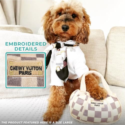Haute Diggity Dog Chewy Vuiton Bone Ball & Handbag Plush Squeaky Dog Toys, Soft Durable Designer-Inspired Stuffed Puppy Chew Toys for Small & Medium Dogs, Machine-Washable (Tan Checker) One Size 3 Pcs - color: Checker Chewy Brown Trio, size: One Size