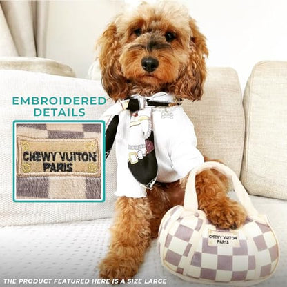 Haute Diggity Dog Chewy Vuiton Bone Ball & Handbag Plush Squeaky Dog Toys, Soft Durable Designer-Inspired Stuffed Puppy Chew Toys for Small & Medium Dogs, Machine-Washable (Tan Checker) One Size 3 Pcs - color: Checker Chewy Brown Trio, size: One Size