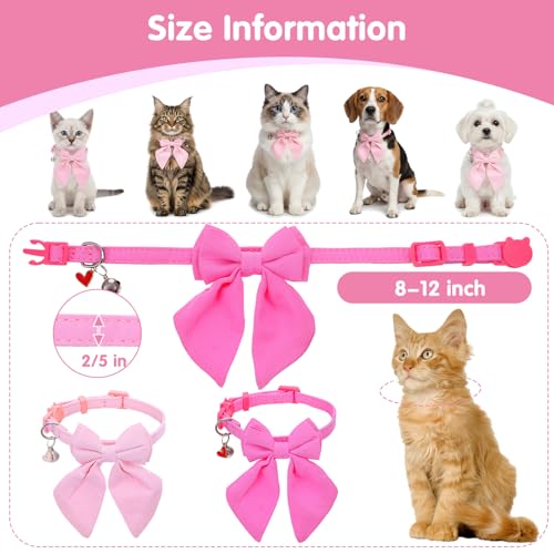 SynHHergyx 2 Pack Pink Cat Collar with Bow, Cute Cat Collar Breakaway with Bells, Pink Bowtie for Girl Cats, Cute Small Kitten Collars with Removable Safety Bowtie