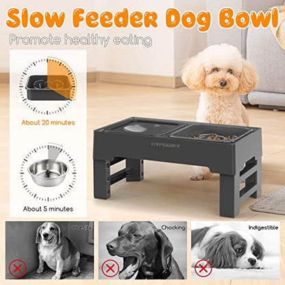 URPOWER 2-in-1 Elevated Slow Feeder Dog Bowls with No-Spill Water Bowl, 4 Height-Adjustable Raised Dog Bowls, Non-Slip Food and Water Bowls with Stand for Small, Medium, Large Dogs, Cats and Pets - color: Grey, size: Slow Feeder