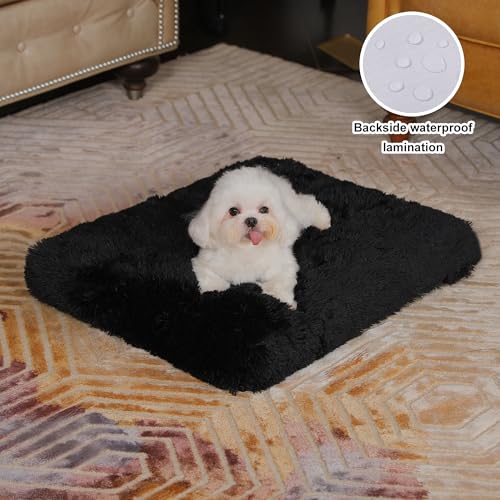 Bedfolks Waterproof Dog Crate Pad, Plush Dog Kennel Bed with Removable Cover, Faux Fur, Washable, 21"x13", Black - color: Solid Black, size: X-Small(21x13'')
