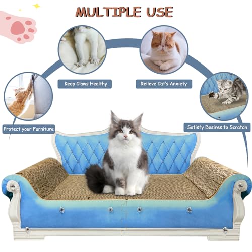 Luxury Cardboard Cat Scratcher Sofa Bed, Couch Shaped Scratching Board, Scratch Lounge with Catnip, Cat Scratcher for Indoor Cats Large Blue 25.4" Large - color: Blue Sofa