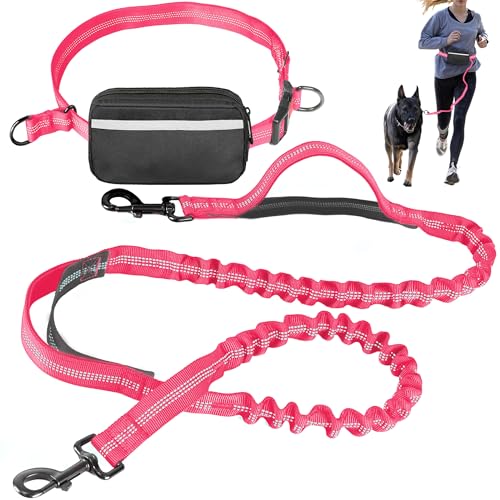 Hands Free Dog Leash with Waist Belt – No-Pull Bungee, Dual Padded Handles & Zipper Pouch for Running, Walking & Training – Adjustable Waist Leash for Large & Medium Dogs (Pink) - color: Pink