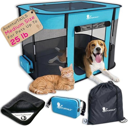 Portable Foldable Dog & Cat Playpen - Indoor Outdoor Travel - Medium Collapsible Pet Play Pen for Small Dogs, Puppies & Kittens - Lightweight Enclosure with Breathable Mesh, Fleece Liner & Carry Bag