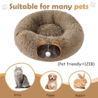 Cat Tunnel Bed for Indoor Cats, Soft Plush Donut Peekaboo Cat Cave, Multifunctional Playground Toy for Small Medium Large Cats, Kittens, Rabbits, Ferrets, with Washable Cushion (Brown) - color: Brown