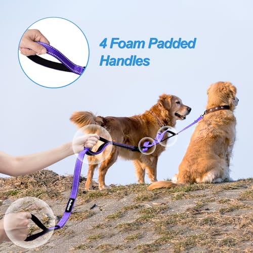 Double Dog Leash, No Tangle Dual Leash, Reflective Walking Training Lead, 4 Comfortable Padded Handles for 2 Dogs with Collapsible Bowl and Waste Bags (Purple, Large) - color: Purple