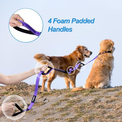 Double Dog Leash, No Tangle Dual Leash, Reflective Walking Training Lead, 4 Comfortable Padded Handles for 2 Dogs with Collapsible Bowl and Waste Bags (Purple, Large) - color: Purple