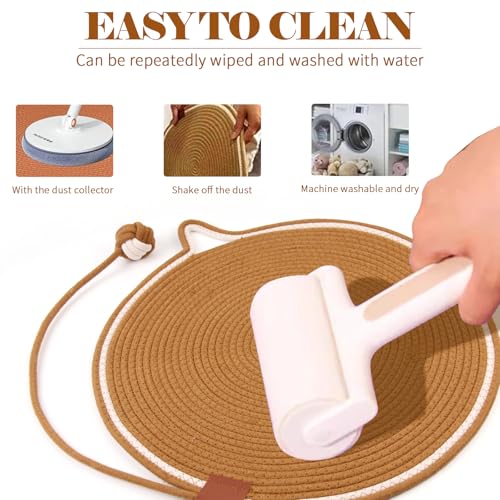 2-Pack Cat Scratching Mats, Natural Cotton Rope Scratch Pad with Ear Shape Hanging Hook and Play Ball, Furniture Protector for Wall, Floor, Sofa, Couch, Carpet, Brown