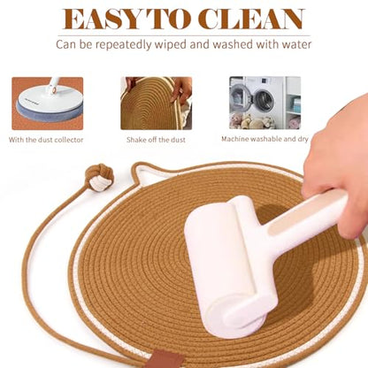 2-Pack Cat Scratching Mats, Natural Cotton Rope Scratch Pad with Ear Shape Hanging Hook and Play Ball, Furniture Protector for Wall, Floor, Sofa, Couch, Carpet, Brown