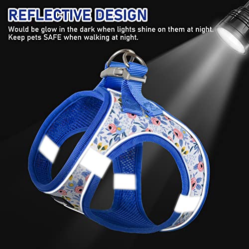 Small Dog Harness Collar and Leash Set, Step in No Chock No Pull Soft Mesh Adjustable Dog Vest Harnesses Plaid Reflective for Dogs Puppy Cats Kitten Rabbit (Blue Flower, XS) - color: Blue Flower, size: XS