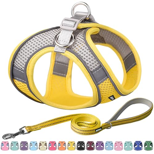 AIITLE Dog Harness, No-Pull Cat Harness with a Leash, Adjustable Reflective Dog Vest, Cat Harness Escape Proof, Outdoor Walking, Running,Training for Extra Small Dogs and House Cats Yellow XXXS - color: Yellow, size: XXXS(Chest: 8.5 - 10")