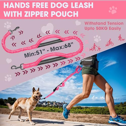 Hands Free Dog Leash with Waist Belt – No-Pull Bungee, Dual Padded Handles & Zipper Pouch for Running, Walking & Training – Adjustable Waist Leash for Large & Medium Dogs (Pink) - color: Pink
