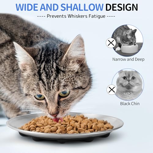 WROSWT 304 Stainless Steel Cat Plates for Wet food, 6.7" Shallow/Wide Whisker Friendly Cats Food Bowls, Non-Slip Silicone Base,Easy to Clean Indoor Cat Feeding Dishes, 6 Pack - size: Cat Plates - 6 Pack