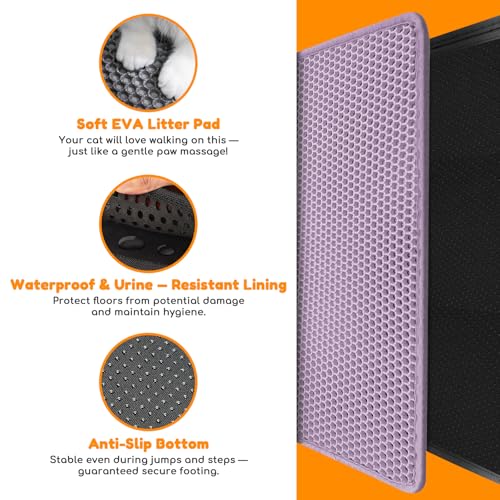 Waterproof Cat Litter Mat - New 24x16 Inch Honeycomb Double Layer Traps Litter, Waterproof & Non-Slip Floor Protector, Easy Clean, Odor-Free, Purple - color: Purple