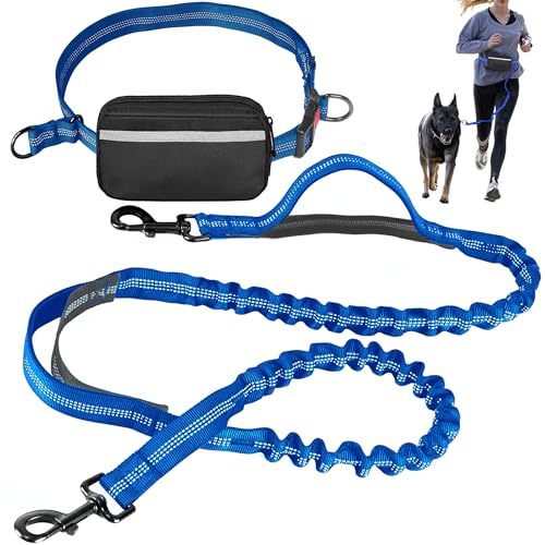 Hands Free Dog Leash with Waist Belt – No-Pull Bungee, Dual Padded Handles & Zipper Pouch for Running, Walking & Training – Adjustable Waist Leash for Large & Medium Dogs (Dark Blue) - color: Dark Blue