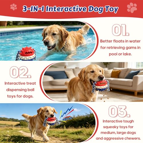 Dog Chew Toys Floating 4" Squeaky Ball for Aggressive Chewers Toothbrush Teething Cleaning Toys Outdoor Swimming Interactive Tough Toys with Treat Dispenser Ball for Medium and Large Dogs - color: Red & Blue