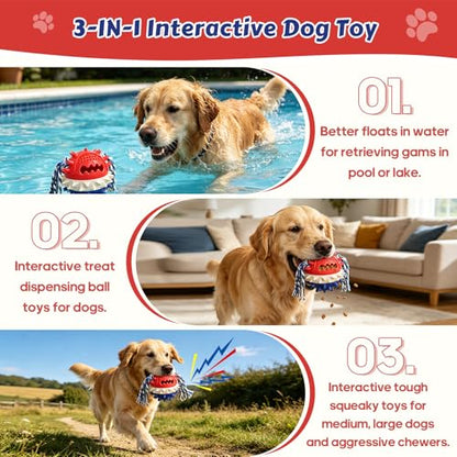 Dog Chew Toys Floating 4" Squeaky Ball for Aggressive Chewers Toothbrush Teething Cleaning Toys Outdoor Swimming Interactive Tough Toys with Treat Dispenser Ball for Medium and Large Dogs - color: Red & Blue