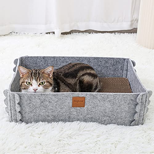Felt Cat Scratcher Lounge Box with Removable Cardboard,Rectangular Cat Bed with Corrugated Board, Pet Scratching Pad for Furniture Protection, Training Toy (Gray) - color: Gray