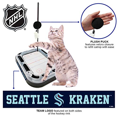 Cat Scratching Toy Hockey Field ICE HOCKEY RINK Cat Scratcher Toy with Interactive Cat Ball Bell in Tracks. 5-in-1 CAT TOY: Cat Wand Poll, CATNIP FILLED Plush Hockey Puck & Feathers - color: Seattle Kraken