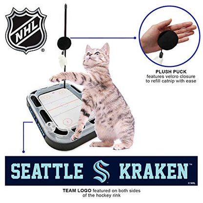Cat Scratching Toy Hockey Field ICE HOCKEY RINK Cat Scratcher Toy with Interactive Cat Ball Bell in Tracks. 5-in-1 CAT TOY: Cat Wand Poll, CATNIP FILLED Plush Hockey Puck & Feathers - color: Seattle Kraken