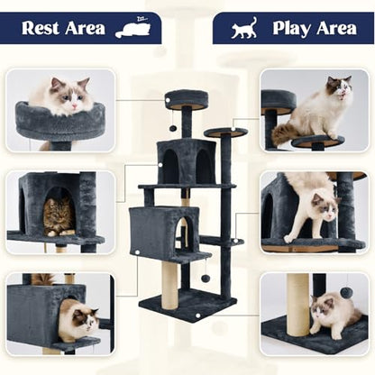 58.5inch Large Cat Tree Tower Condo for Indoor Cats, Soft Plush Multi-Level Climbing Tree Cat House, Scratching Post, More Entrance/Exit, Sisal Rope, Black Grey - color: Black Grey