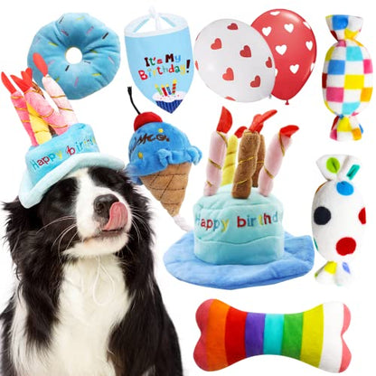 lilfrd Dog Birthday Toy Set, 9Pcs Plush Pet Toy for Small Dogs, Includes Squeaky Cake Hat, Bandana, Dessert Themed Toys, Balloons, for Dog Birthday Party - style: Blue Birthday Pack