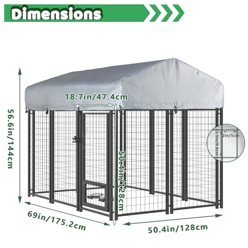 LEMBERI 6x4x4 Outside Dog Kennel with Roof for Large Dogs,Heavy Duty Welded Wire Steel Dog Playpen Fence with Secure Lock, Pet Pen with UV-Resistant Waterproof Cover (69.1''L x 50.4''W x 56.6'H) - size: 69.1"L x 50.4"W x 56.6"H