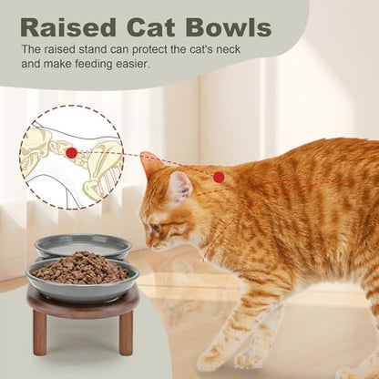 SPUNKYJUNKY Shallow Elevated Cat Bowl with Acacia Wood Stand Wide Raised Ceramic Cat Dishes Whisker Friendly Pet Food and Water Plates (Striped Pattern, Gray) - color: Gray