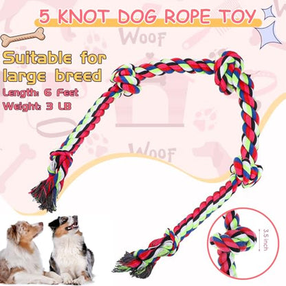 Hollowfly Dog Rope Toys for Extra Large Dogs, 2 Pack 6 Feet 5 Knot Tug of War Dog Toy for Large Aggressive Chewers Heavy Duty Cotton Teeth Cleaning Indestructible Puppy Chew Toys