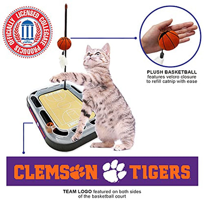 Cats Scratcher NCAA Clemson Tigers Basketball Court CAT Scratcher Toy with Catnip Filled Plush Basketball Toy & Feather Cat Toy Hanging, with Jingle Bell Interactive Ball Cat Chasing 5-in-1 Kitty Toy - color: Clemson Tigers