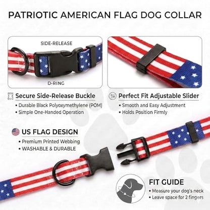 American Flag Dog Collar, Adjustable Nylon Patriotic Red White Blue Collar for Small/Medium/Large Dogs, 4th of July USA Pet Collar (Size S) - size: Small