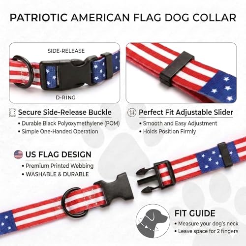 American Flag Dog Collar, Adjustable Nylon Patriotic Red White Blue Collar for Small/Medium/Large Dogs, 4th of July USA Pet Collar (Size M) - size: Medium
