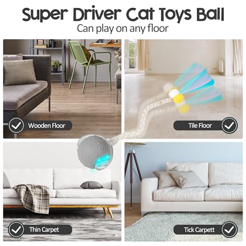 Interactive Cat Toys Ball for Indoor Cats, Automatic Moving Ball Toy with Elastic Mesh Tail, Chirping & Obstacle Avoidance and Motion Activated, Grey【Rechargeable】 - color: Grey
