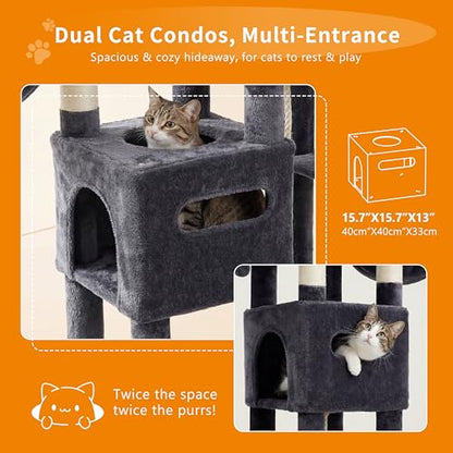 Heybly Cat Tree, 74.8-Inch Spacious & Tall Cat Tower for Large Cats, Cat Furniture with Large Top Perch, Solid Base, 2 Cat Condos, Hanging Hammock, Durable Sisal Scratching Posts, Smoky Gray HCT062G - color: Smoky Gray