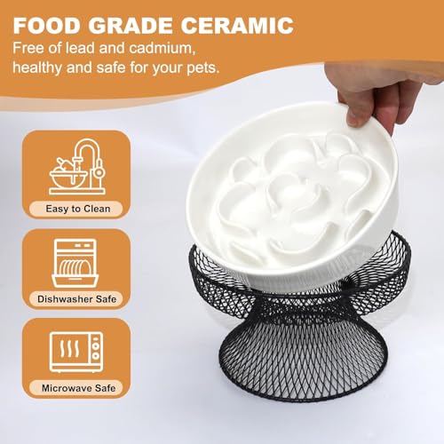 2PCS Raised Ceramic Cat Slow Feeder Bowl Elevated Food Bowl with Stand, Cat Slow Bowl for Wet Food and Dry Food,Slow Down Eating Speed, Whisker Friendly Pet Puzzle Feeder for Kitten and Small Dog - color: White Set of 2