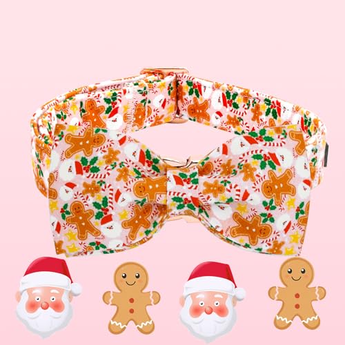 Elegant little tail Christmas Dog Collar, Pink Gingerbread Man Pet Collars Bow Red Metal Buckle Collar Puppy Girl Boy Holiday Cotton Soft Bowtie Adjustable Dog Collar for X-Small Dogs - color: Pink Gingerbead Man, size: X-Small (Pack of 1)