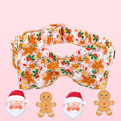Elegant little tail Christmas Dog Collar, Pink Gingerbread Man Pet Collars Bow Red Metal Buckle Collar Puppy Girl Boy Holiday Cotton Soft Bowtie Adjustable Dog Collar for X-Small Dogs - color: Pink Gingerbead Man, size: X-Small (Pack of 1)