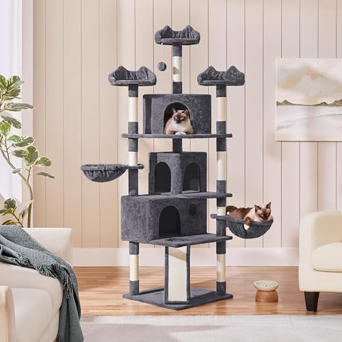 Yaheetech 76.5in Multi-Level Large Cat Tree, Big Cat Tower with 3 Condos, Cozy Plush Perches, 9 Sisal Scratching Posts and Ladder, Activity Center for Large Kitties, Dark Gray - color: Dark Gray