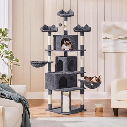 Yaheetech 76.5in Multi-Level Large Cat Tree, Big Cat Tower with 3 Condos, Cozy Plush Perches, 9 Sisal Scratching Posts and Ladder, Activity Center for Large Kitties, Dark Gray - color: Dark Gray