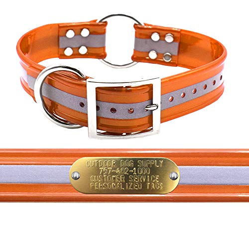 Outdoor Dog Supply 1.5" Wide 21" Long Reflective Orange Waterproof Dog Collar with Center Ring & Custom Brass Name Plate – Durable, Odor-Resistant for Large & XL Breeds - color: Reflective Orange, size: 21" Long