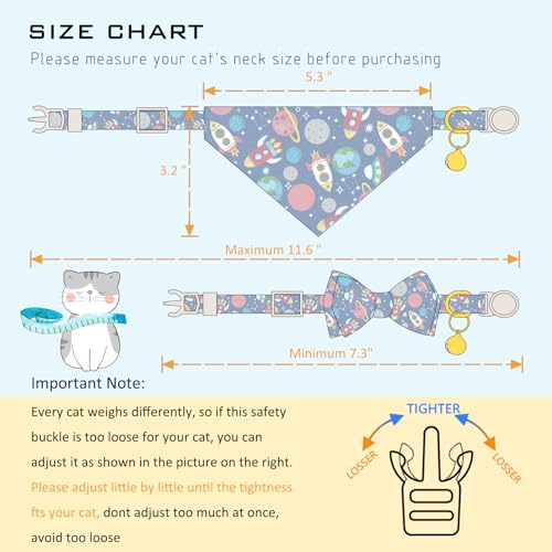 Faygarsle 2 Pack Space Theme Cat Collar Set with Bandana and Bow Tie, Breakaway Safety Buckle, Navy Blue with Rockets - color: Blue Space