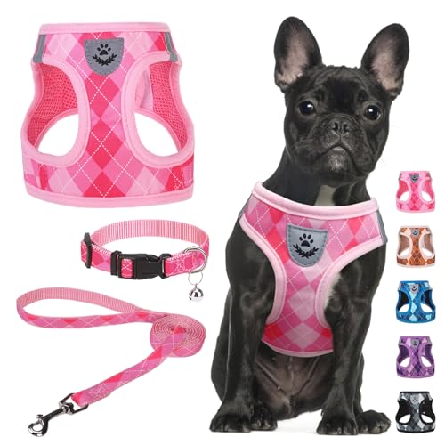 SCENEREAL Small Dog Harness and Leash Collar Set, Step in No Pull Soft Mesh Dog Harnesses for Small Medium Sized Dogs Puppy and Cats Outdoor Walking, No Chock Reflective Vest Harness, Pink Plaid M - color: Pink, size: M: Chest Girth: 16"-18"