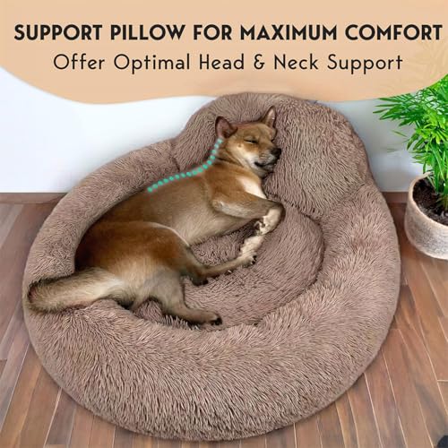 PetJett Calming Medium Dog Bed - 30'' Round Dog Beds - Washable Dog Bed - Anti-Slip Super Soft Fluffy Plush Donut Bed, Anti-Anxiety Premium Comfort Pet Bed, Fits Dogs up to 45 lbs - Beige - color: Beige, size: Medium - 30”L x 30”W x 8”Th