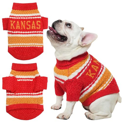 Kansas Small Dog Sweater Football Theme Turtleneck Knit Dog Sweaters for Small Pets Warm Winter Cat Dog Clothes - color: red% yellow, size: Medium