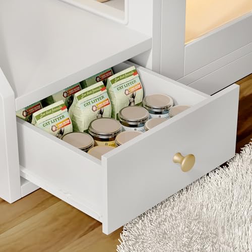 Merax Cat Litter Box Enclosure Furniture with Light,Hideaway Litter Box Furniture with 2 Storage Drawers for Living Room,White - color: White