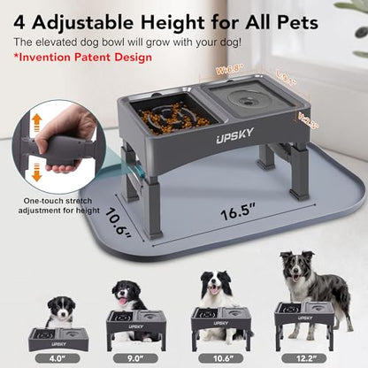 UPSKY 3-in-1 Elevated Dog Bowls with Mat, Large 24 x 16 Inches, 4 Height Adjustable Stand with Slow Feeder, Stainless Steel Bowl for Small to Medium Dogs, Grey - color: N-3 in 1 with Mat (Grey)